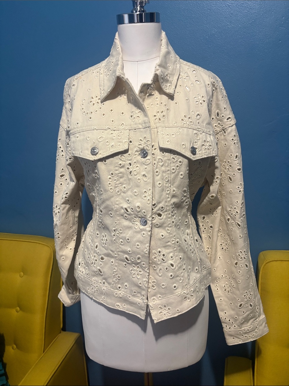 Steve Madden Cream Eyelet Denim Trucker Jacket